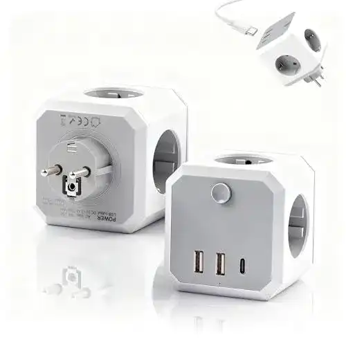 Steckdosenwürfel ohne Kabel mit 4 Steckdosen und 3 USB-Anschlüssen
