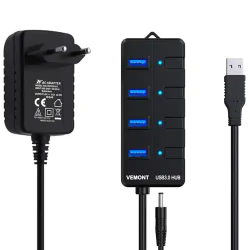 USB Hub mit Netzteil Vemont, 4 Ports USB 3.0 Verteiler