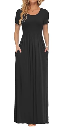 Maxikleid AUSELILY Damen Kurzarm Casual Long Kleid in Schwarz