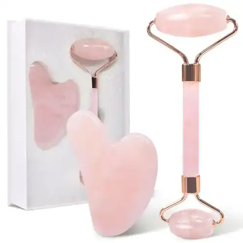 Rosenquarz Roller und Gua Sha Stein für Gesichtsmassage