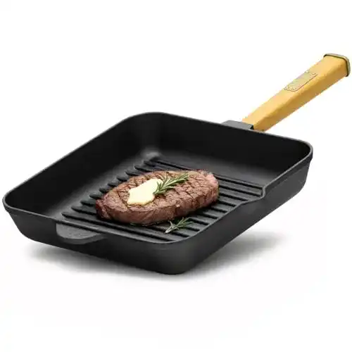 Gusseisen Grillpfanne 28 cm mit Holzgriff für alle Herdarten
