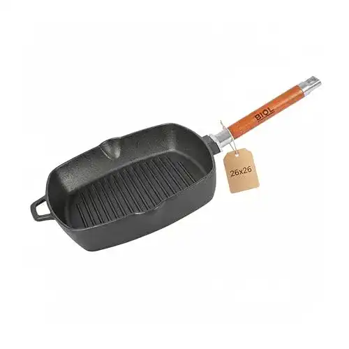 Gusseisen Grillpfanne mit abnehmbarem Holzgriff 26 cm
