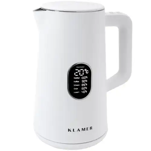 Klamer Wasserkocher Edelstahl 1,5L 1800W in Weiß mit Temperatureinstellung