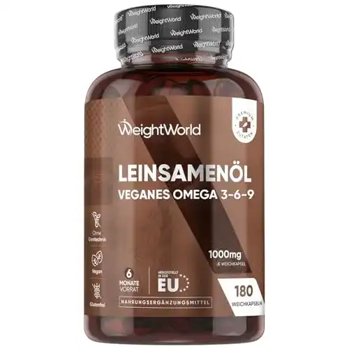 Leinöl-Kapseln Omega 3 6 9 von WeightWorld – 180 vegane Softgels