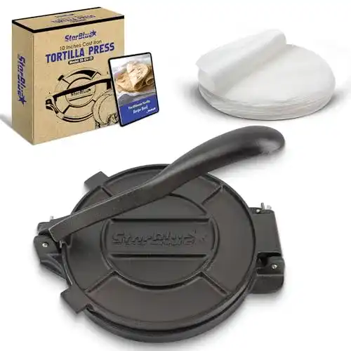Tortilla-Presse Starblue 10 Zoll aus Gusseisen mit 100 Stück Ölpapier