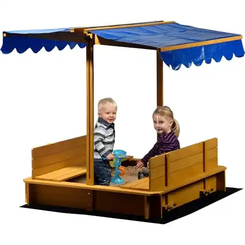 Sandkasten mit schwenkbarem Dach aus Holz für Kinder