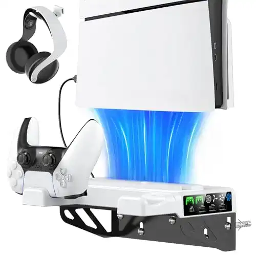 Tokluck PS5 Wandhalterung für PS5, PS5 Slim und PS5 Pro mit Lüfter und Ladestation