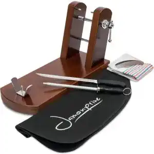 Schinkenhalter aus Nussbaum mit Messer und Wetzstahl