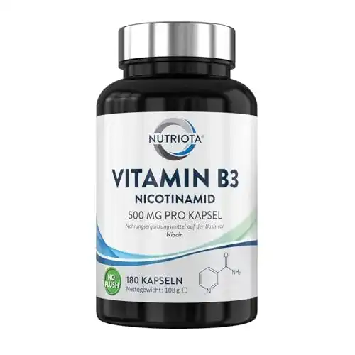 Vitamin B3 Niacinamid 500 mg, 180 vegane Kapseln ohne Flush-Effekt
