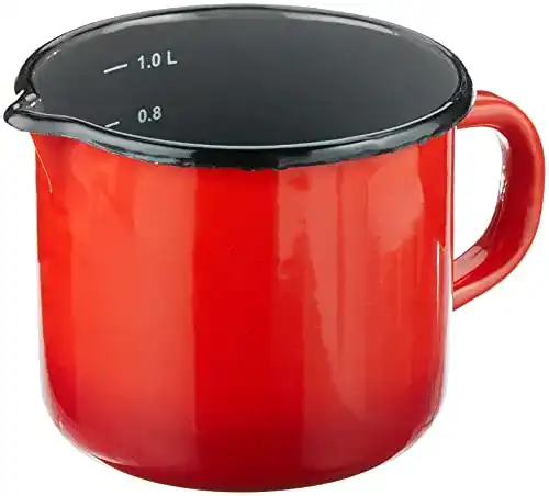 Emaille-Milchtopf von Krüger Karl in Rot-Grau, 12 cm