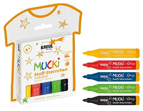 Textilstifte Kreul 27156 – MUCKI Stoff Sternchen, 5 Stoffmalstifte