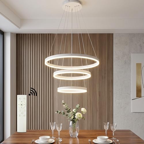 LED-Pendelleuchte Starryol 3-Ringe-Kollektion in Weiß, dimmbar mit Fernbedienung