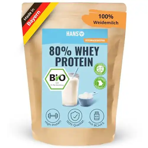 Bio Whey Protein Pulver von Hans Brainfood, 80% Eiweiß aus Bio-Molke, 1kg