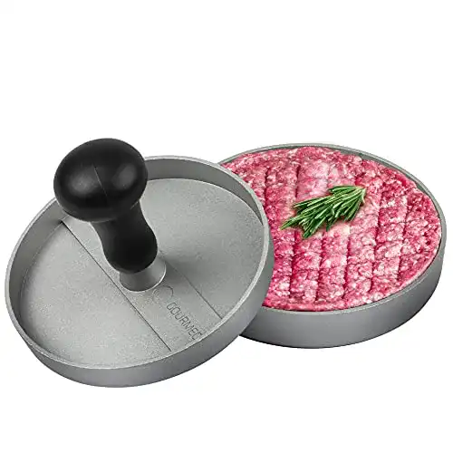 Burgerpresse Gourmeo aus Aluguss mit Antihaftbeschichtung und 50 Blatt