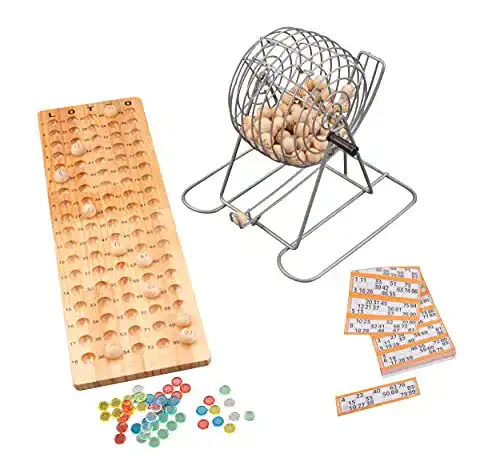 Bingo-Spiel Engelhart mit Metallkorb und Holzbrett für 3 Spieler