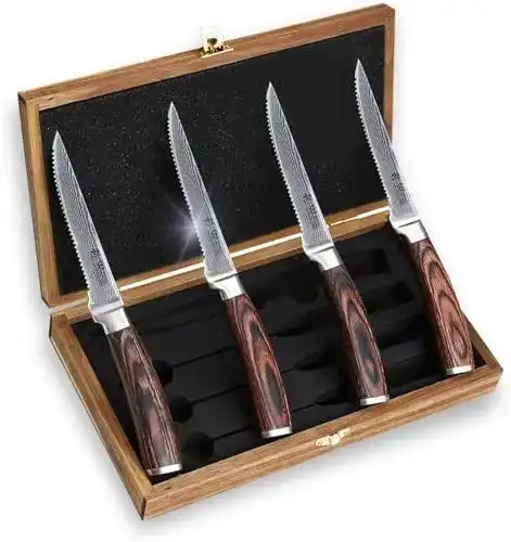 Wakoli Damastmesser Set EDIB 4er Steakmesser aus Japanischem Damaststahl