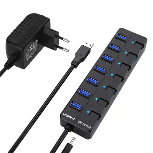 USB 3.0 Hub mit 7 Ports und Netzteil von Vemont