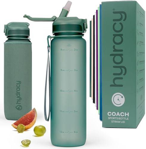 Trinkflasche mit Strohhalm und Zeitmarkierung 1L für Sport und Outdoor