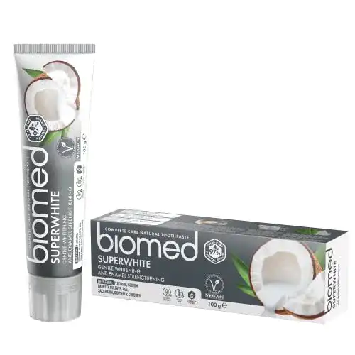 Vegane Zahnpasta Biomed Super White ohne Fluorid mit Kokosöl