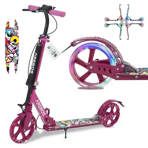 Arebos Cityroller mit LED in Pink, höhenverstellbar und klappbar