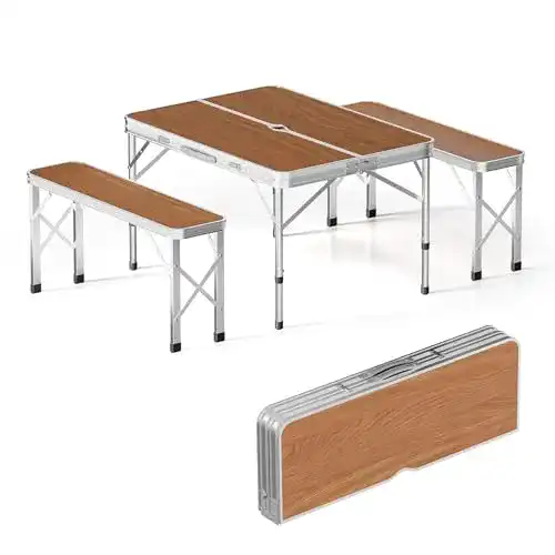 Koffertisch Wiltec mit 2 Bänken im Holzdesign Aluminium 90x66x70 cm