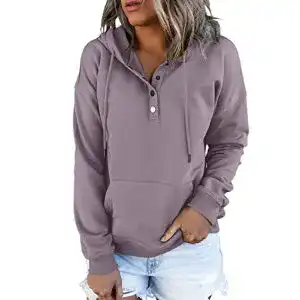 Dokotoo Damen Hoodie mit Knopfleiste und Kängurutasche