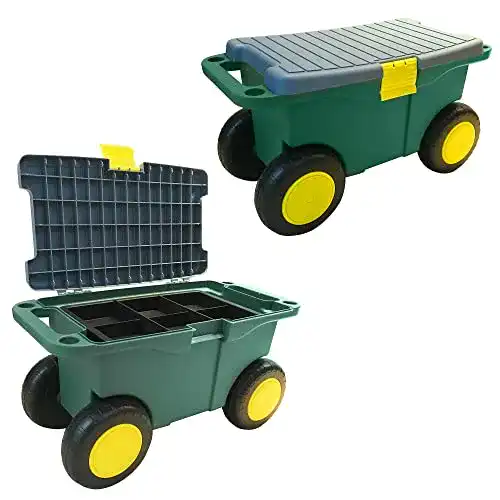 Fahrbarer Gartensitz mit Staufach für Gartenarbeiten