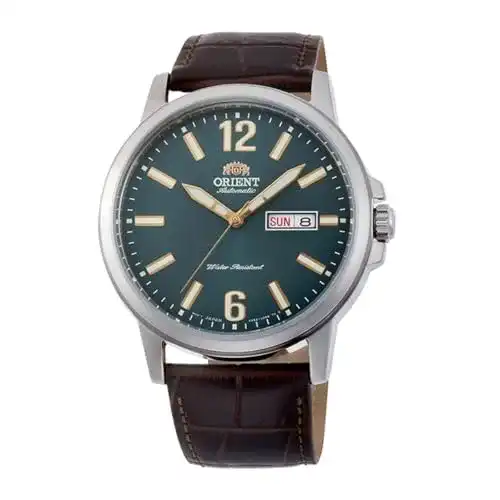Orient Herren Automatikuhr mit Lederarmband und grünem Ziffernblatt