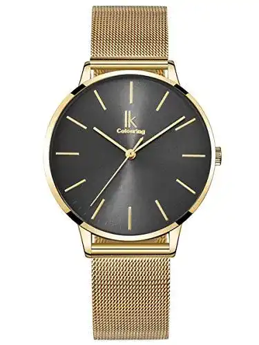 Damenuhr Alienwork Armbanduhr Gold mit Metall Mesh Armband
