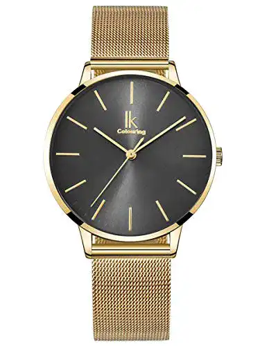 Damenuhr Alienwork Armbanduhr Gold mit Metall Mesh Armband