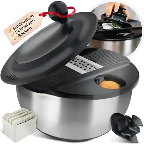 Salatschleuder aus Edelstahl mit Schneidefunktion und 5L Volumen