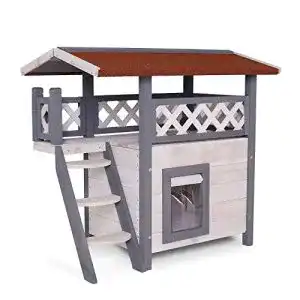 Katzenhaus Lionto Lodge aus Holz mit Terrasse und Treppe