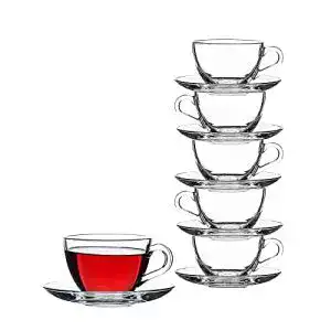 Teegläser Pasabahce, Glas, 12 Stück, Tassen mit Unterteller Basic