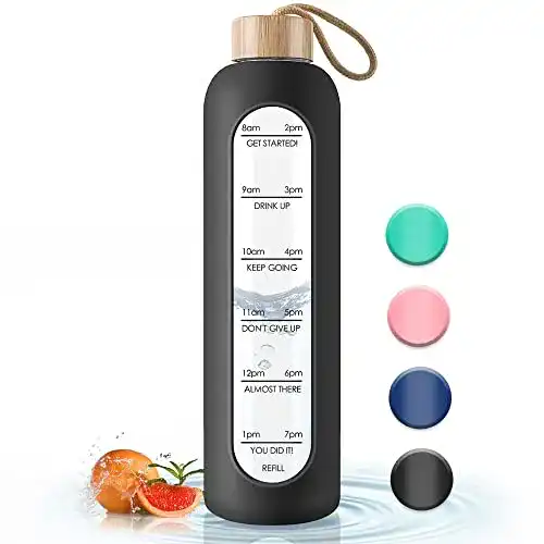 Gistome Glas Trinkflasche 1L mit Zeitmarkierungen und Bambusdeckel