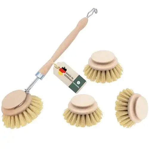 Spülbürste 4er Set aus Holz mit Naturborsten und Wechselkopf
