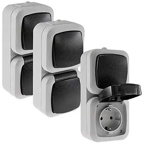 Steckdose mit Schalter für Feuchträume – 3er Set Aufputz IP44