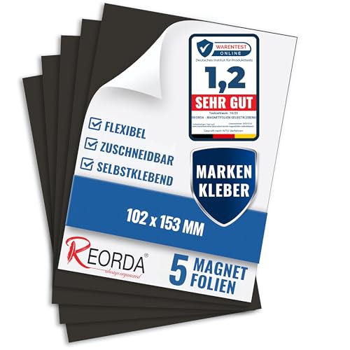 Magnetfolie Reorda selbstklebend 5er Set – Magnetpapier mit starkem Kleber