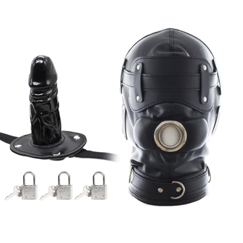 Latex Bondage Maske mit Dildo Mund Gag und 3 Schlössern