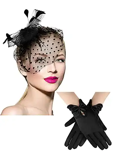 Damen Fascinator Hut im 50er Jahre Stil mit Spitzen-Handschuh Set