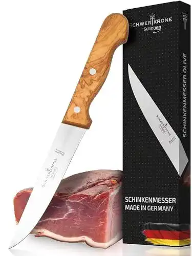 Schinkenmesser Schwertkrone mit Olivenholzgriff und 15 cm Klinge