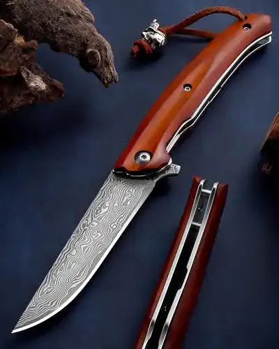 Damast Taschenmesser Omesio Klappmesser mit Holzgriff und Geschenkbox