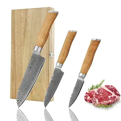 Wakoli Olive Damastmesser-Set 3-teilig für professionelle Ansprüche