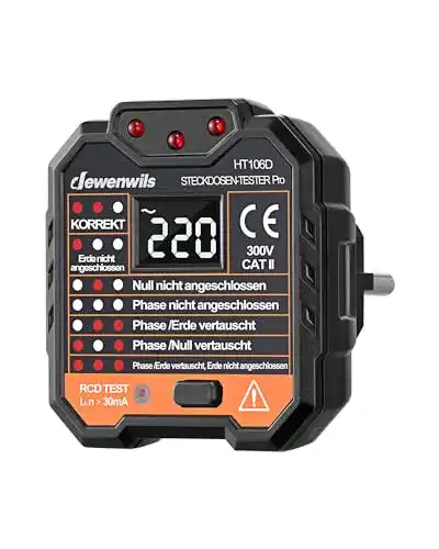 Steckdosentester Dewenwils mit RCD-Prüfung und LCD-Display