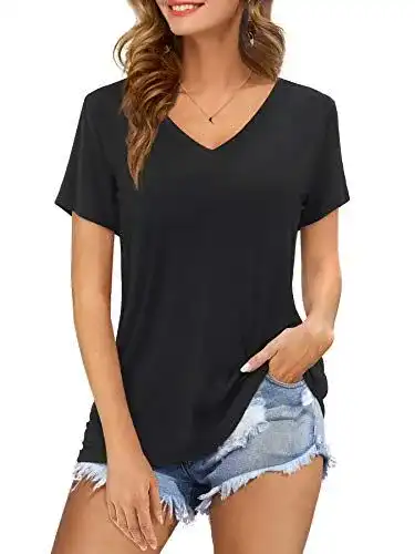 Schwarzes Damen T-Shirt mit V-Ausschnitt und Kurzarm