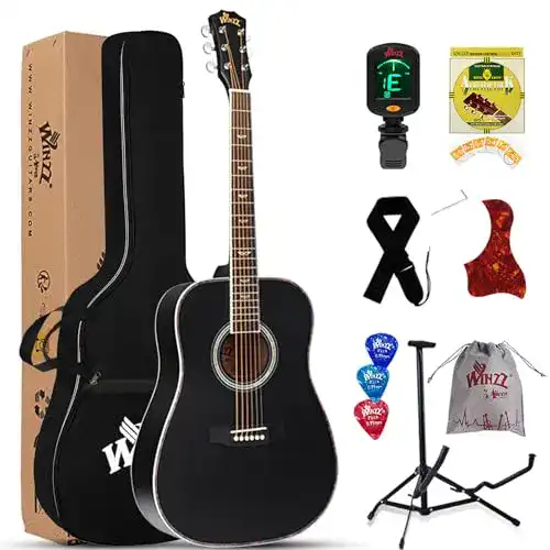 Akustikgitarre Winzz Schwarz für Anfänger 4/4 mit Zubehör