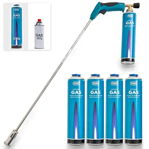Tom Gas Unkrautbrenner Set mit 4 x 330 g Universal Gaskartuschen
