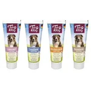 Futtertube für Hunde – Tubi Dog Leberwurst-Set mit Lachs-, Speck- und Geflügelcreme