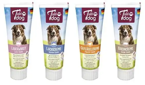 Futtertube für Hunde – Tubi Dog Leberwurst-Set mit Lachs-, Speck- und Geflügelcreme