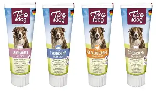 Futtertube für Hunde – Tubi Dog Leberwurst-Set mit Lachs-, Speck- und Geflügelcreme