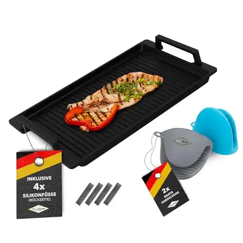 Grillplatte MaxxGoods aus Aluminiumguss mit Seitengriffen und gerippter Oberfläche